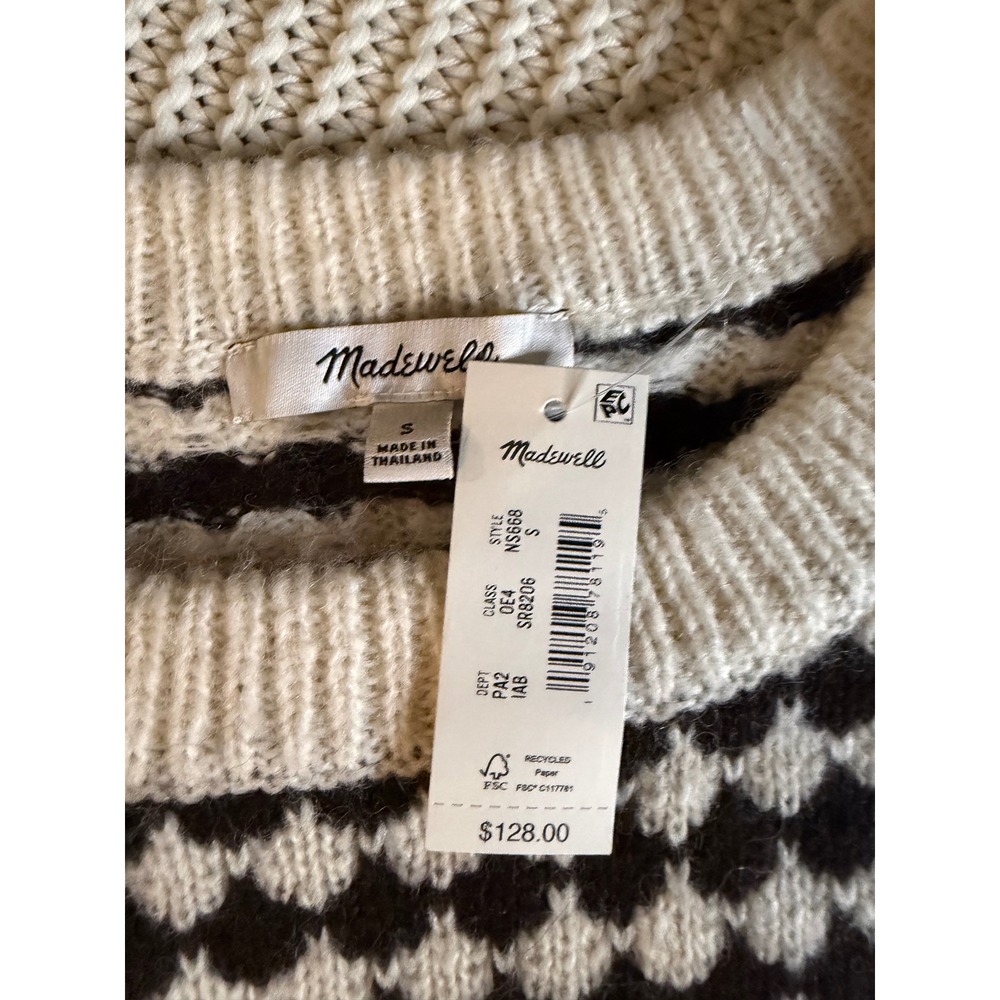 Madewell NWT Alpaca Blend Diamond Stripe Crewneck Sweater Brown & Cream Small - Picture 2 of 4